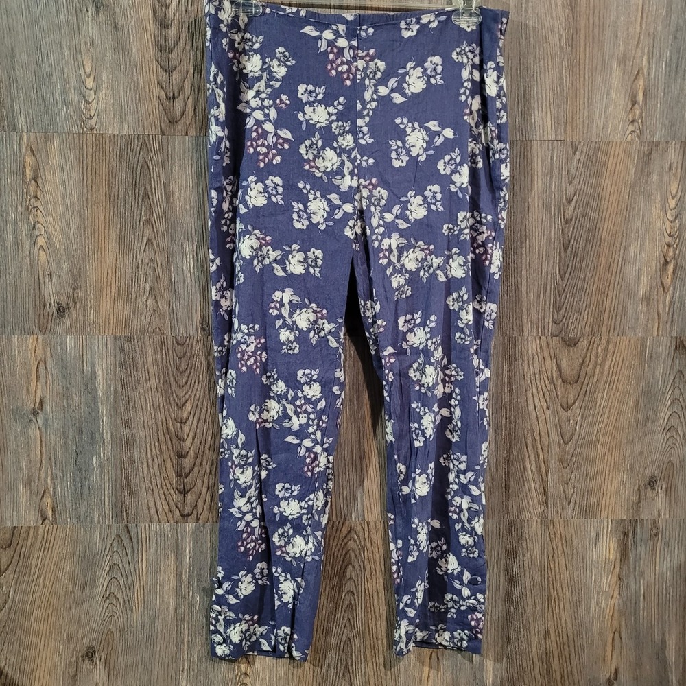 J Jill Linen Stretch Floral Pants Size LT x 27 Blue/Purple Button Ankle Office